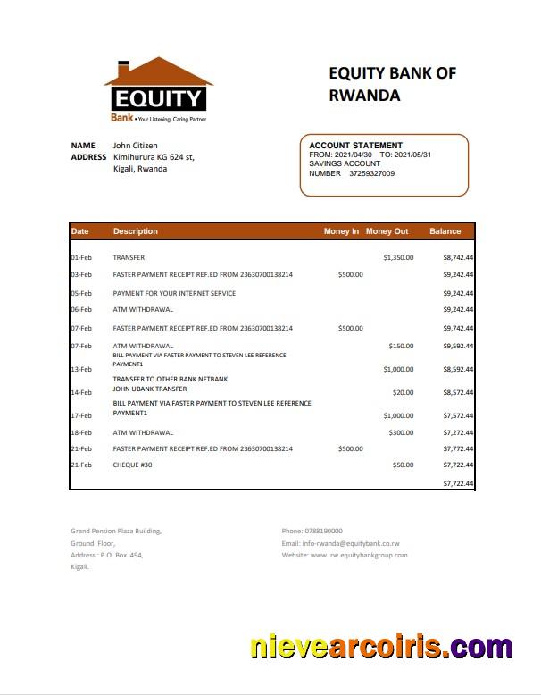 Rwanda Equity Bank statement easy to fill in .xls and .pdf file format